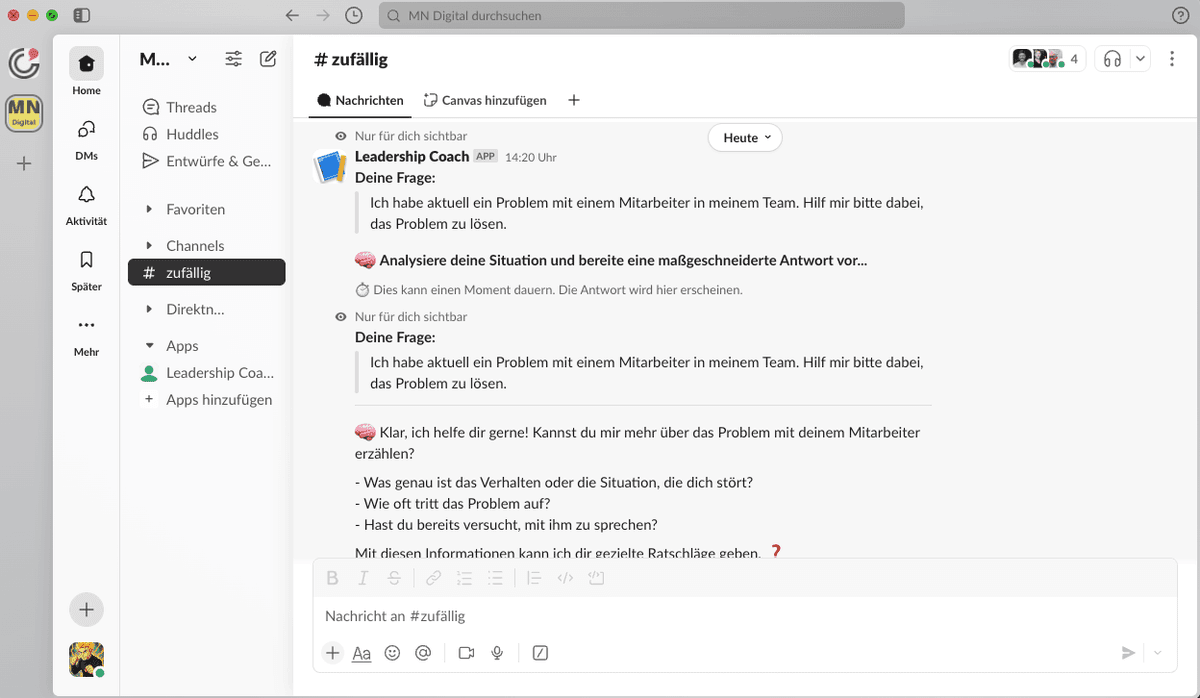 Leadership Coach in Slack - Screenshot showing /coach command in action