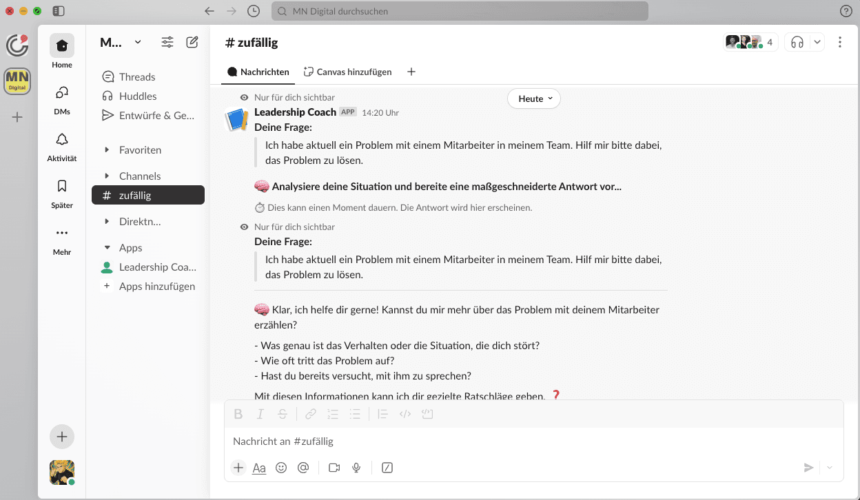 Leadership Coach Slack Integration - /coach command in action