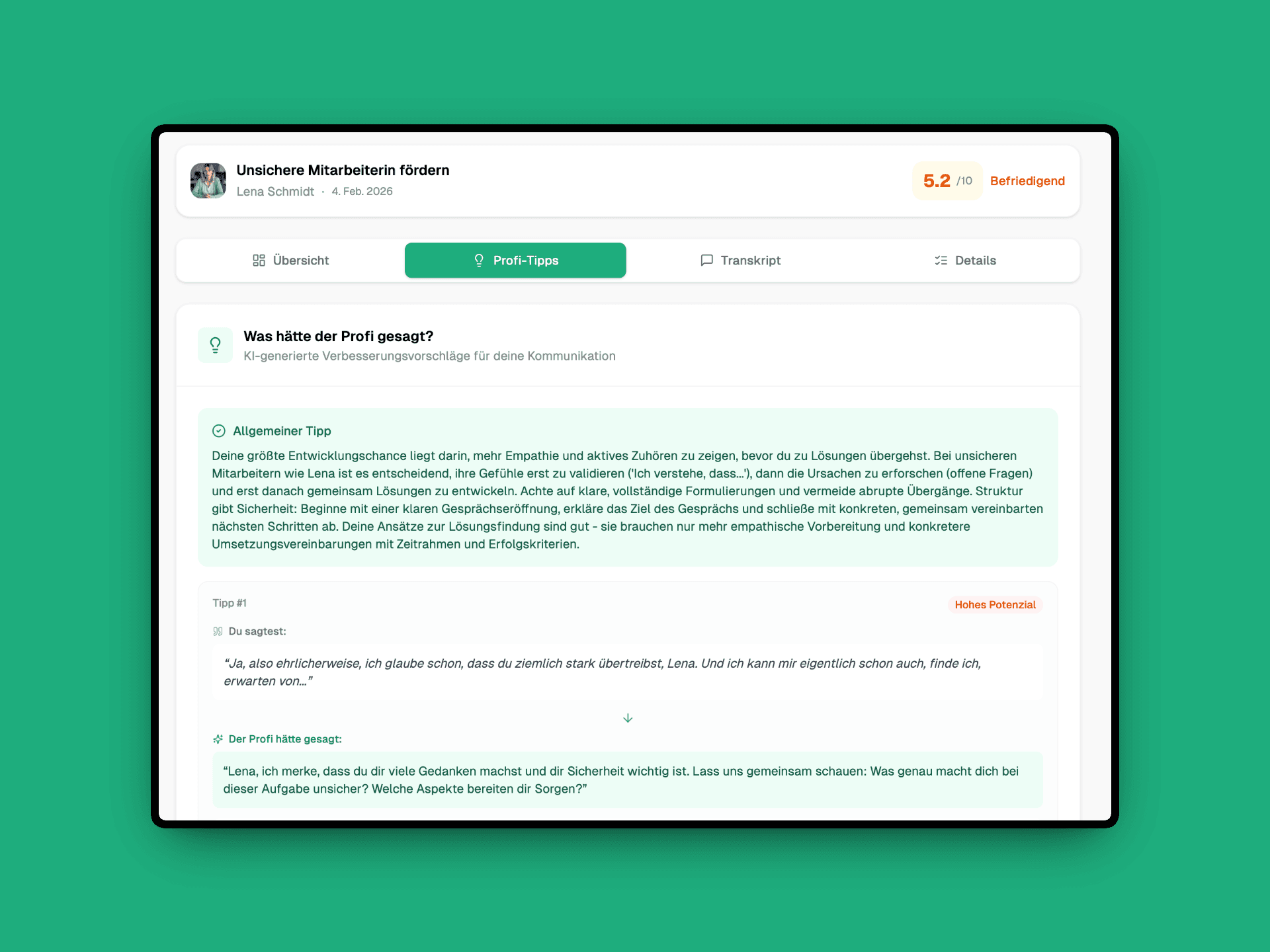 Feedback-Dashboard nach abgeschlossenem Gespräch