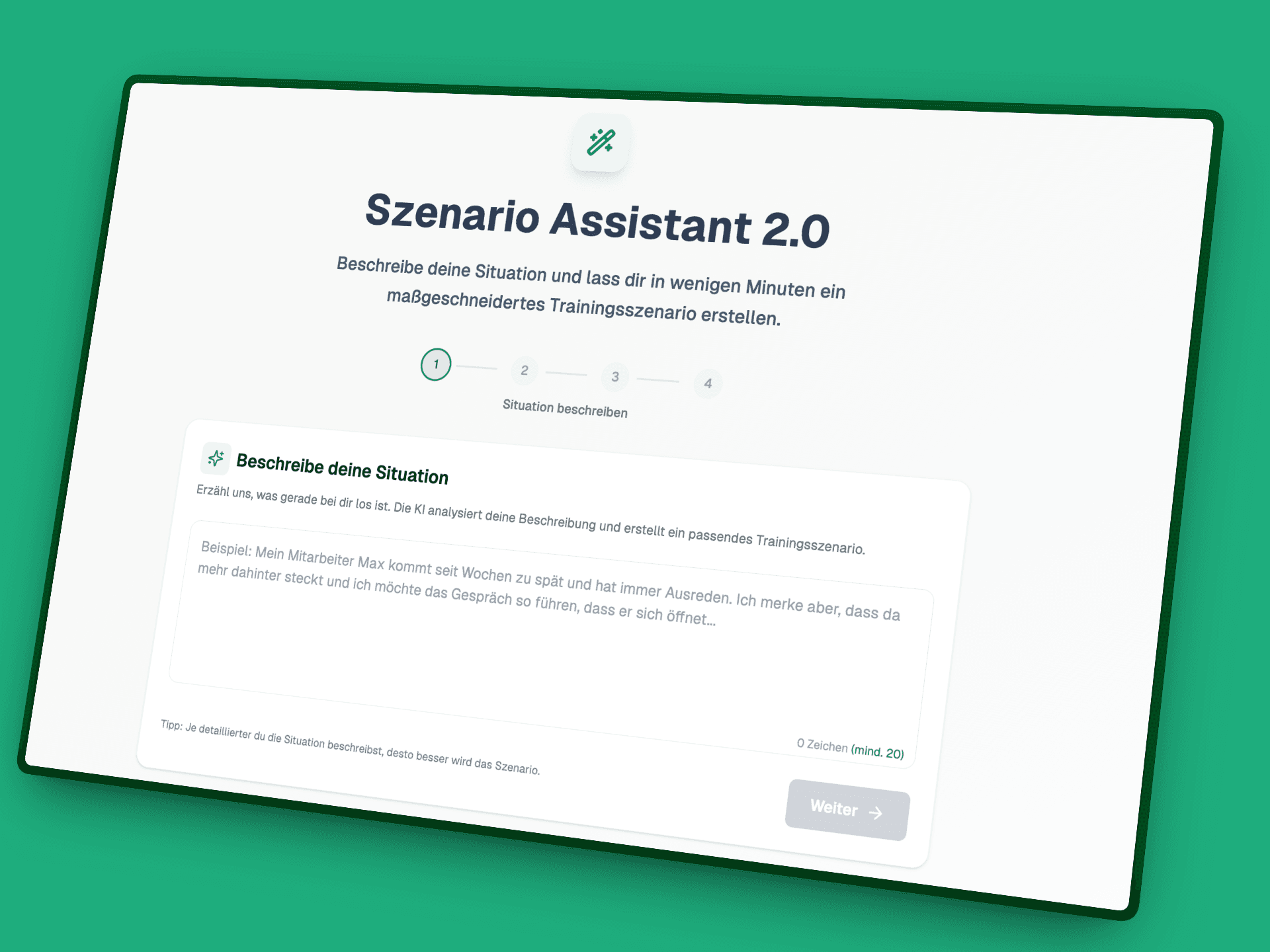Szenario-Generator: Gesprächstyp, Schwierigkeitsgrad und Charakter auswählen