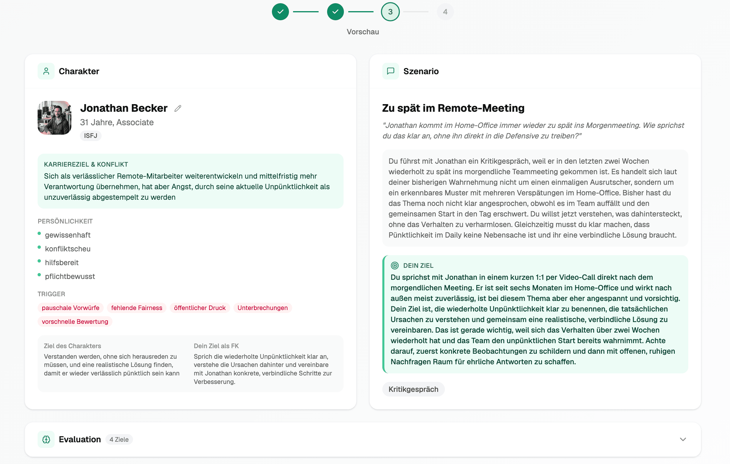 Charakterprofil für ein kritisches Mitarbeitergespräch im Remote-Meeting zur Verbesserung der Pünktlichkeit.