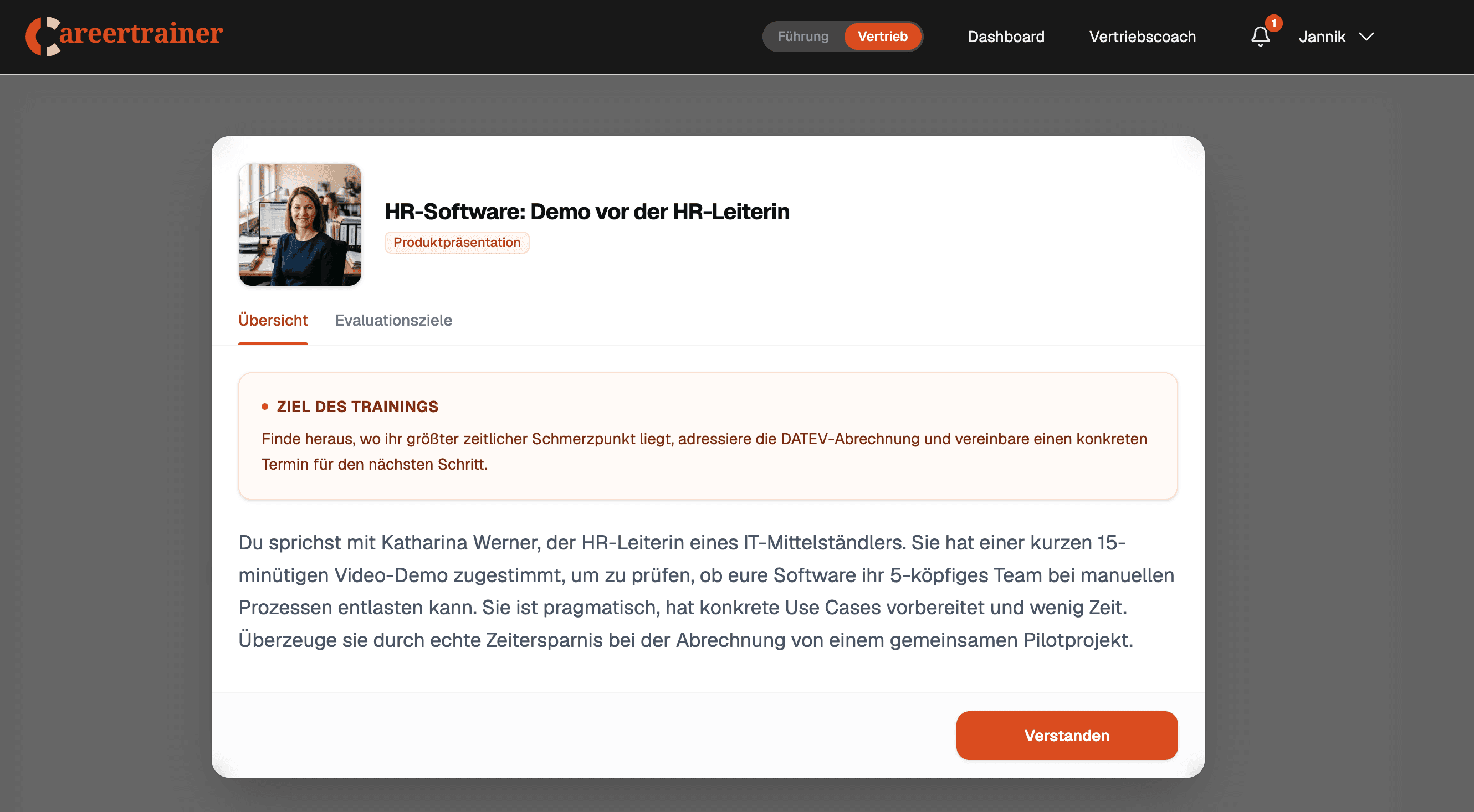 Szenario-Übersicht zur Produktpräsentation im Vertriebstraining mit Trainingsziel und Evaluationszielen