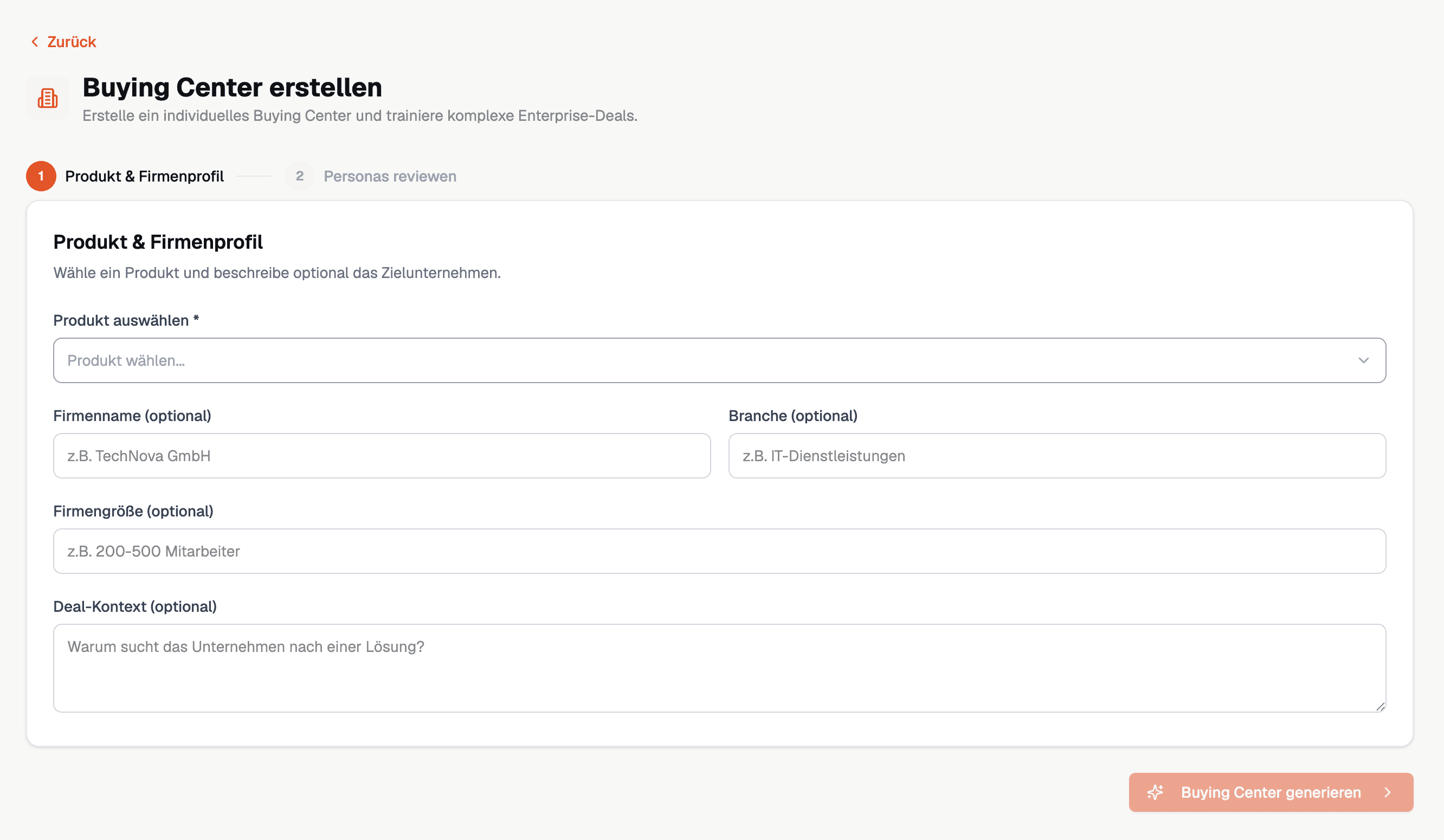 Formular zum Erstellen eines Buying Centers mit Produkt- und Firmenprofil für Enterprise-Sales-Training