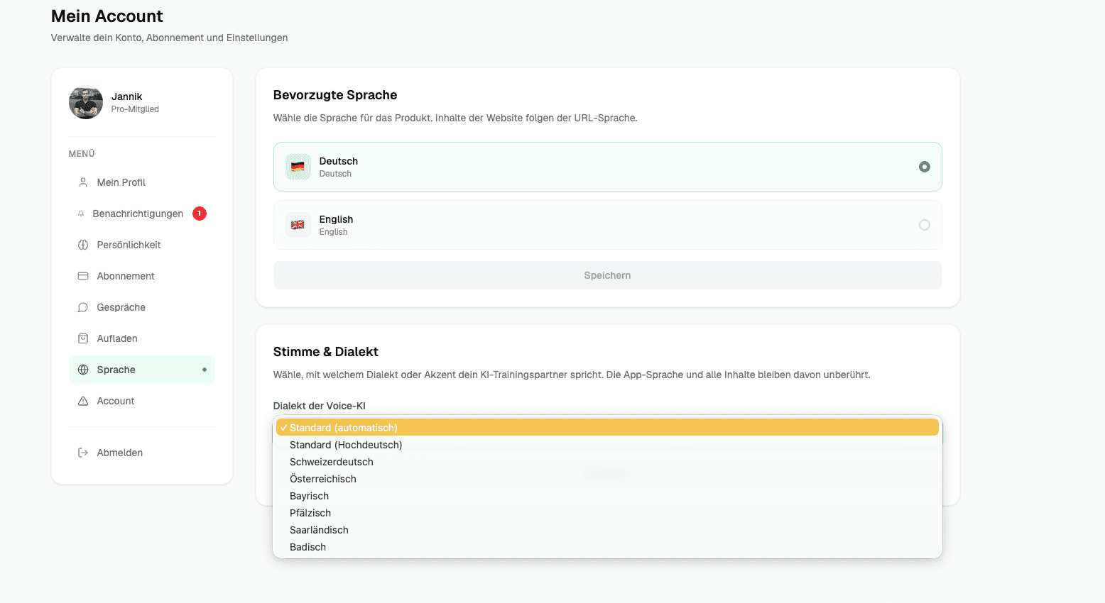 Account-Einstellungen mit Sprachwahl für Deutsch und Englisch sowie Dropdown für Stimme und Dialekt
