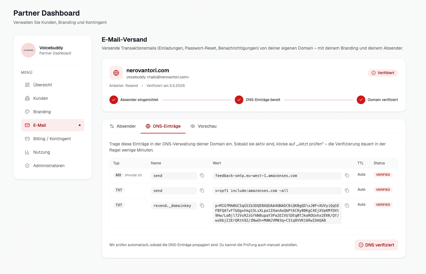 Partner-Dashboard mit E-Mail-Versand, DNS-Einträgen und verifizierter Domain im White-Label-Branding