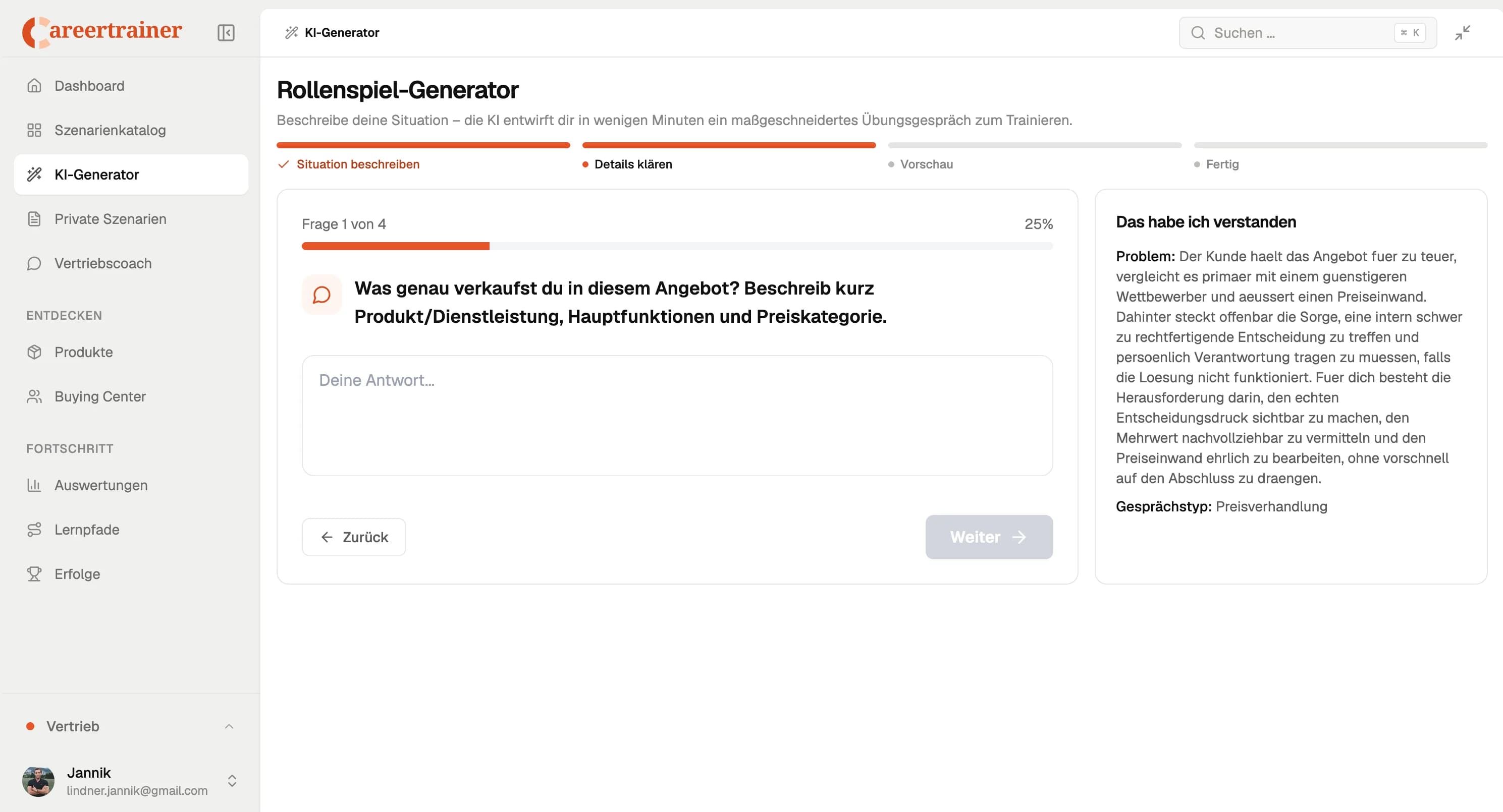 KI-Generator zur Erstellung eines Sales-Rollenspiels mit Situationsabfrage und Gesprächszusammenfassung