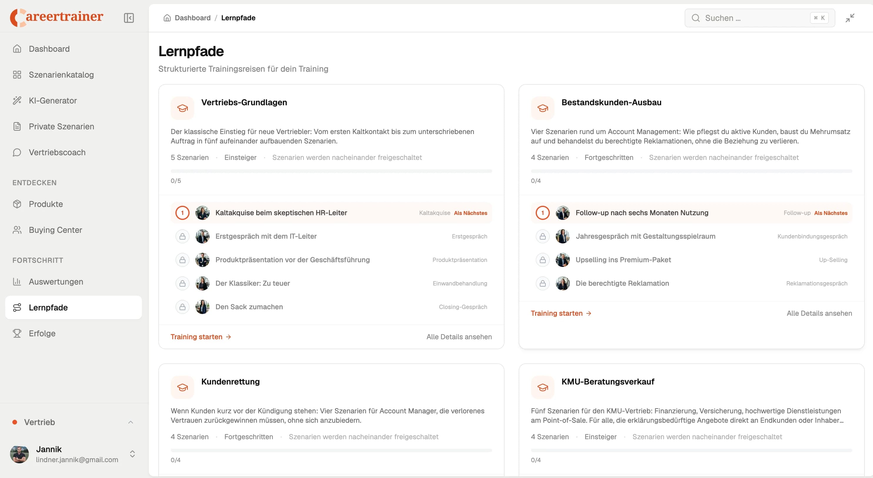 Sales training learning paths dashboard with scenario progression and structured roleplay modules