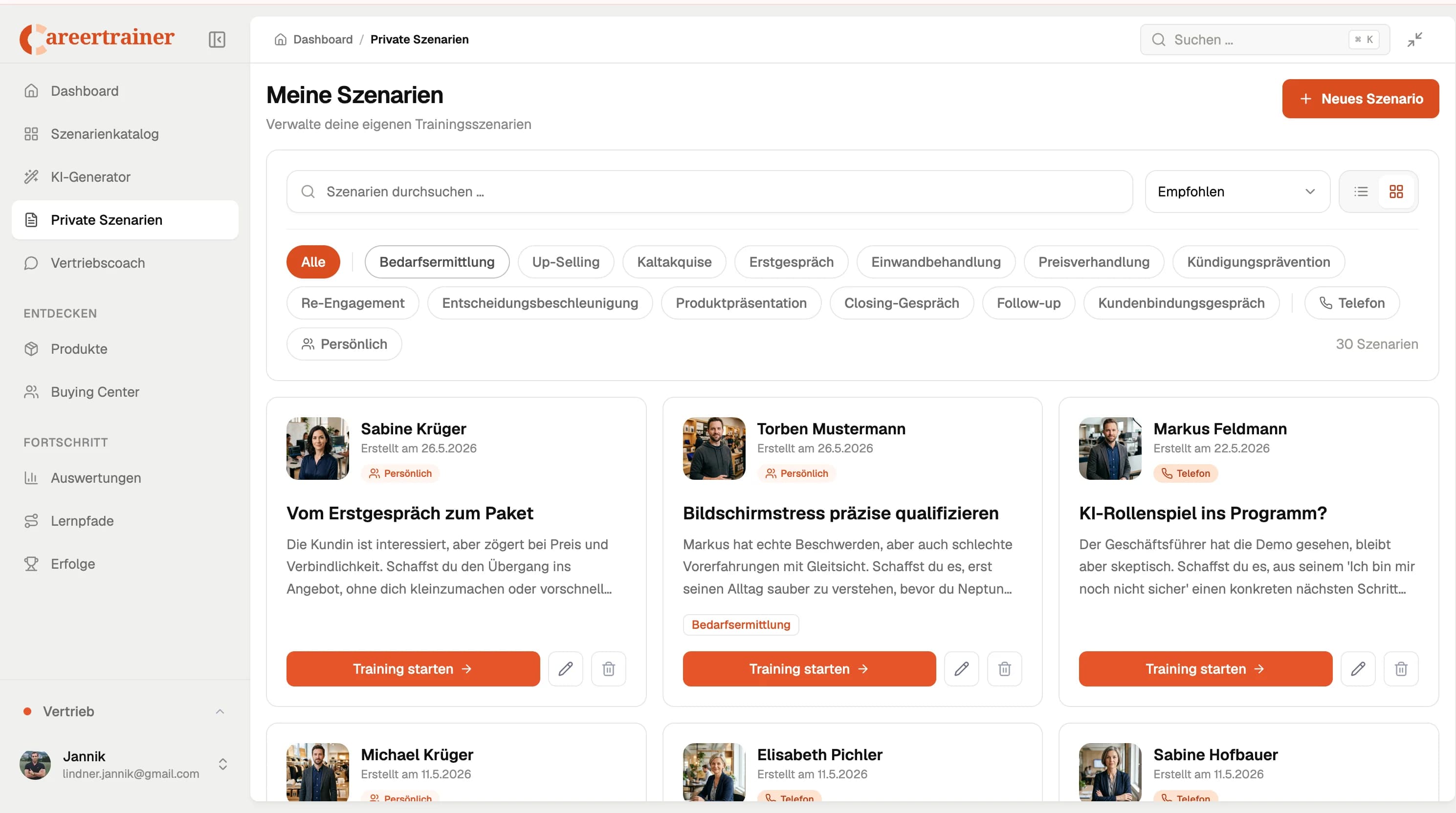 Private scenarios dashboard with searchable sales training scenario cards and category filters