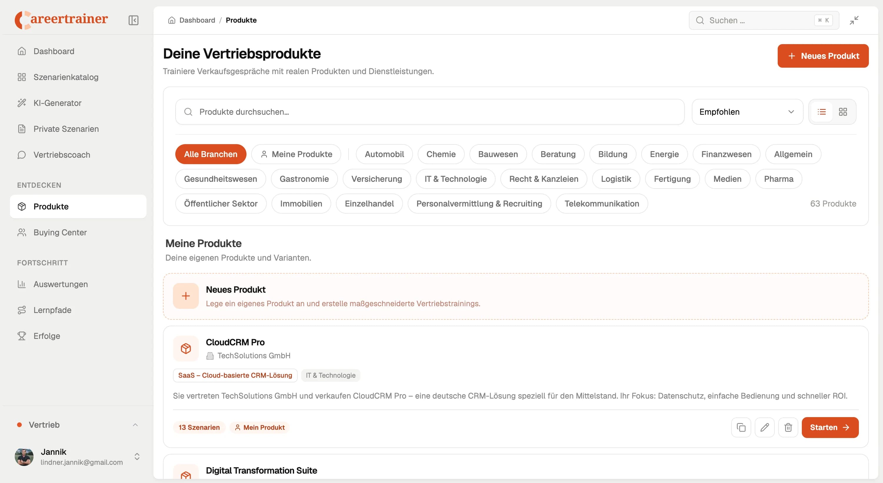 Produktübersicht für Vertriebstrainings mit Branchentags, Produktsuche und eigenen Verkaufsprodukten