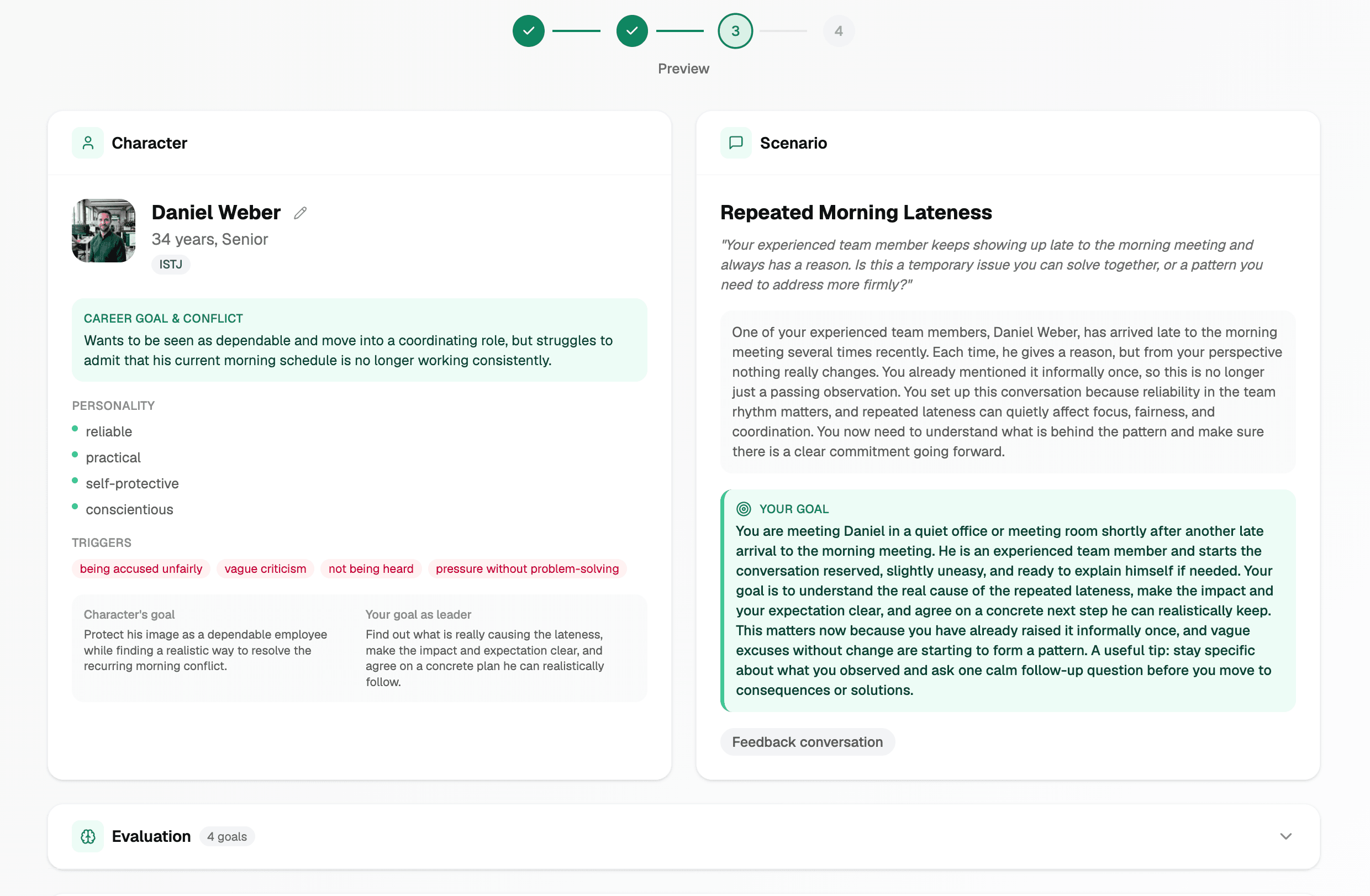 Charakterprofil für ein kritisches Mitarbeitergespräch im Remote-Meeting zur Verbesserung der Pünktlichkeit.
