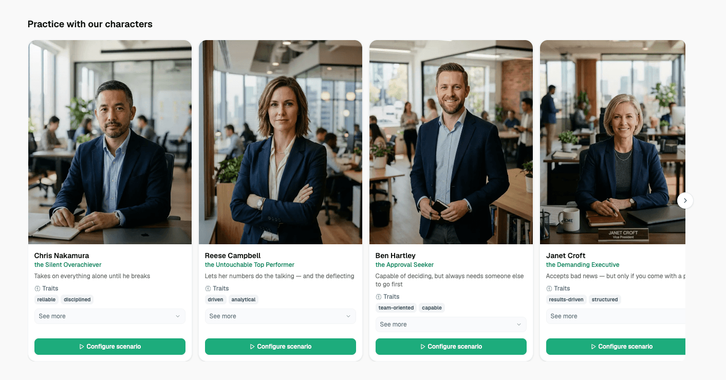 Character selection screen with AI training personas and scenario configuration buttons