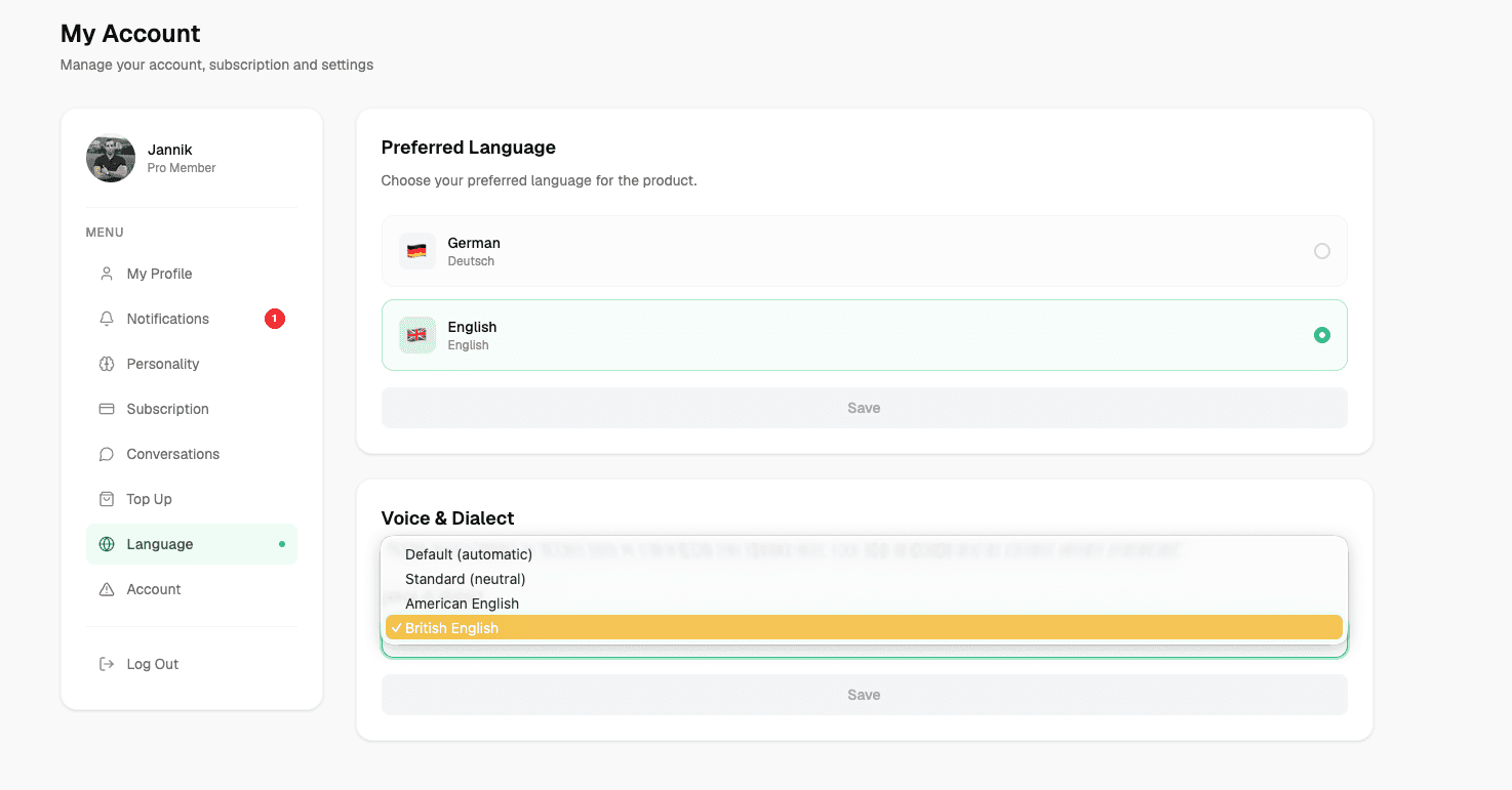 Account language settings with German or English selection and voice dialect dropdown
