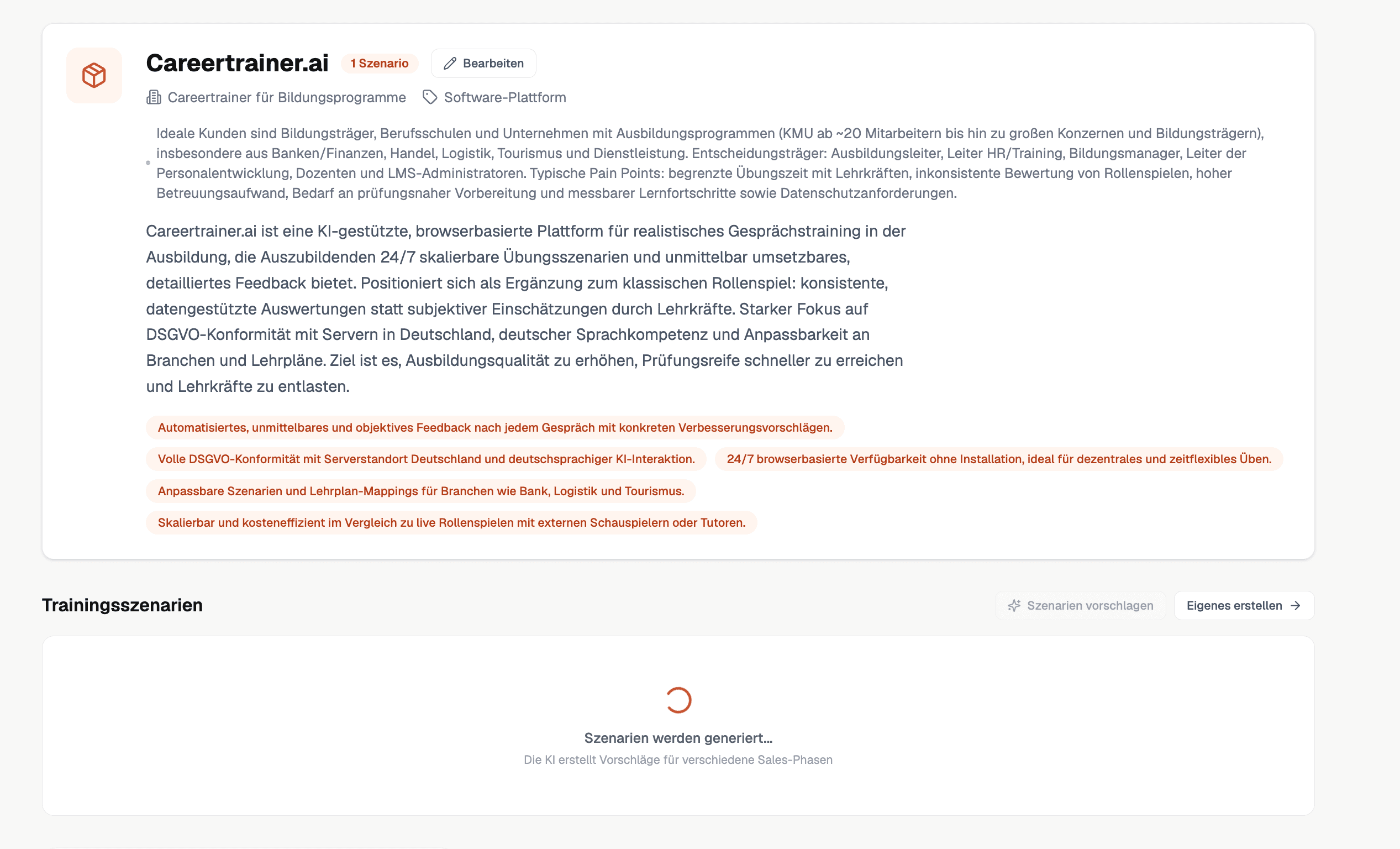 Product overview page with training scenario generation for educational conversation training software