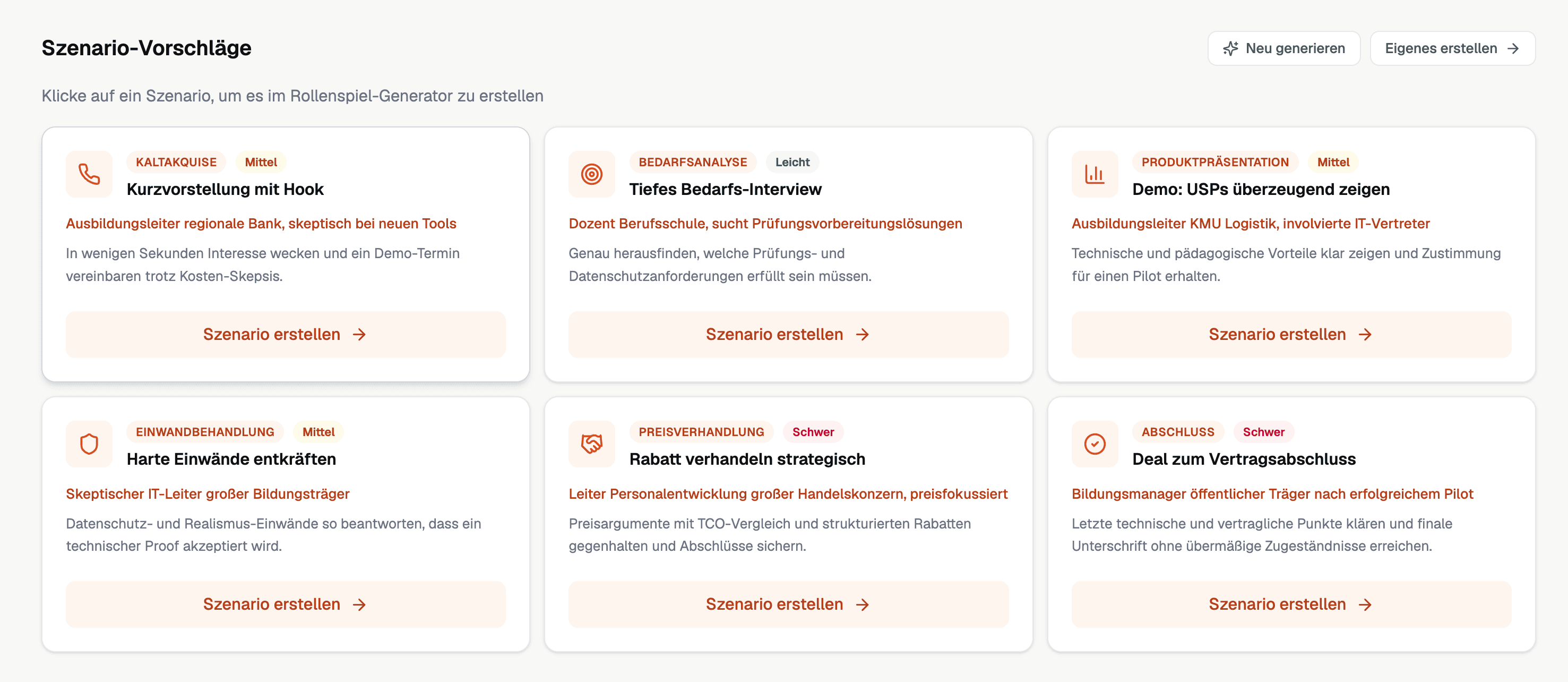 Szenario-Vorschläge mit Sales-Trainingskarten für Kaltakquise, Bedarfsanalyse, Produktpräsentation und Abschluss