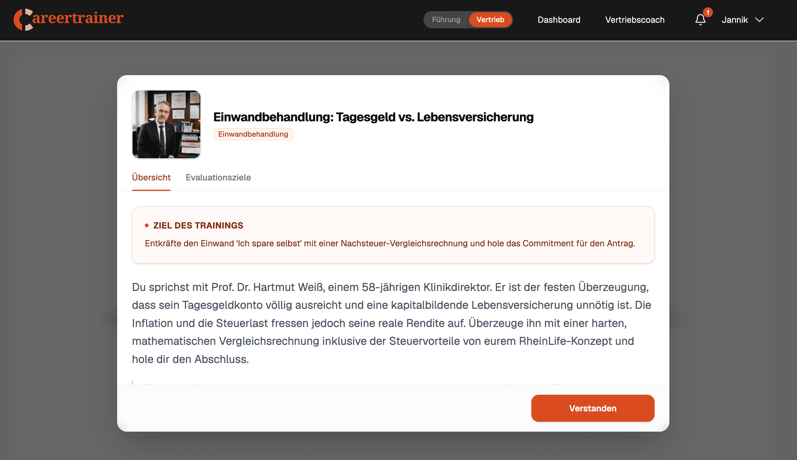 Szenario-Übersicht für Sales-KI-Rollenspiel zur Einwandbehandlung im Versicherungsvertrieb
