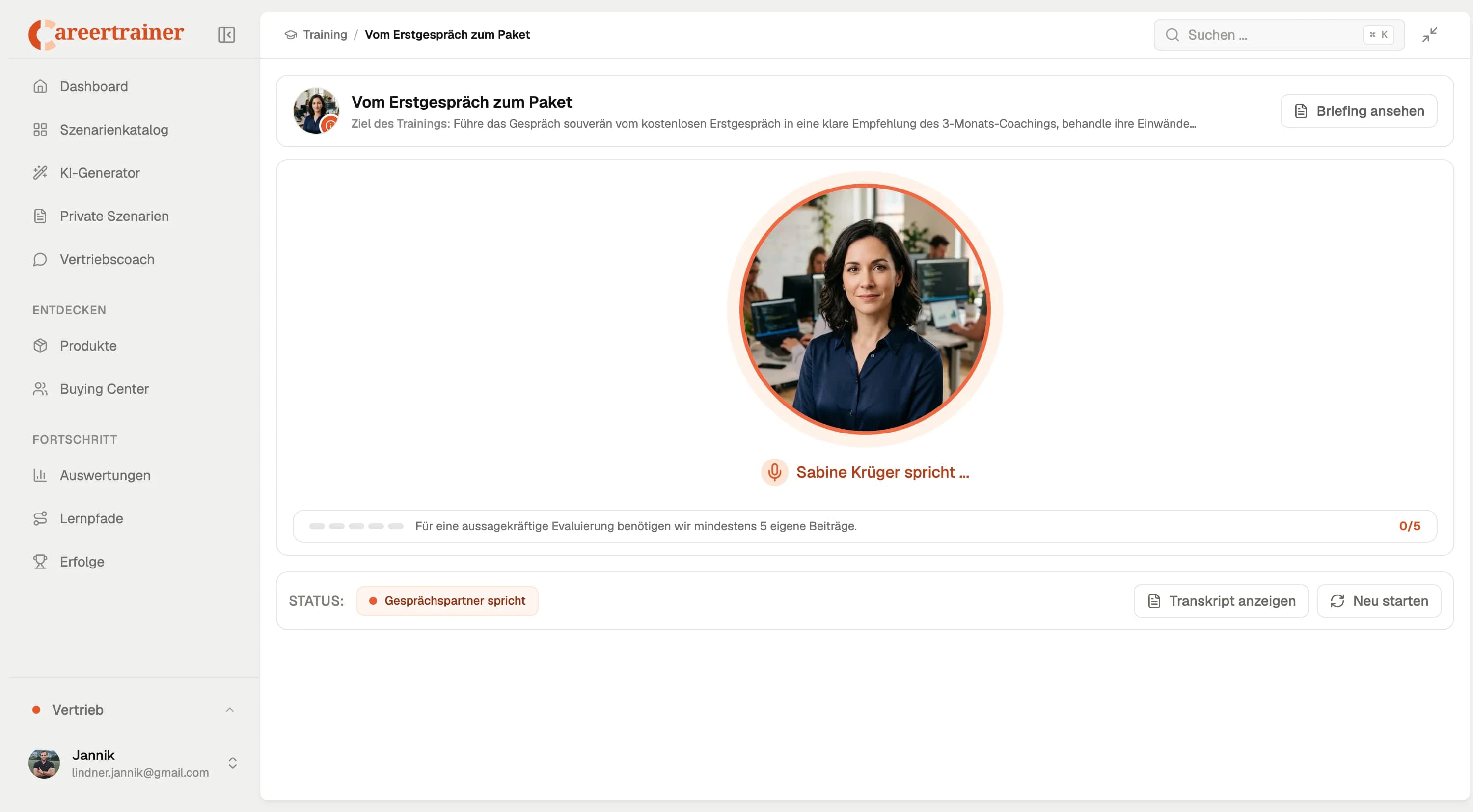 Sales training conversation screen with AI roleplay partner speaking and transcript option