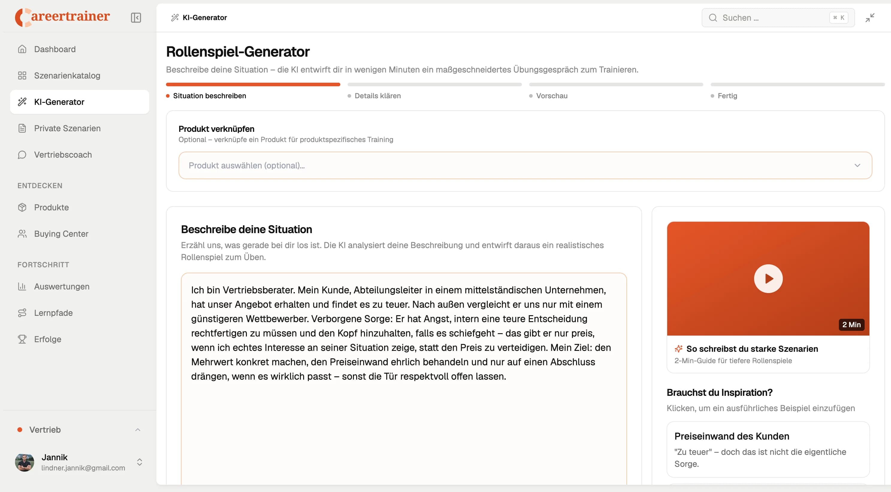 Rollenspiel-Generator mit Situationsbeschreibung und Produktauswahl für KI-gestütztes Vertriebstraining