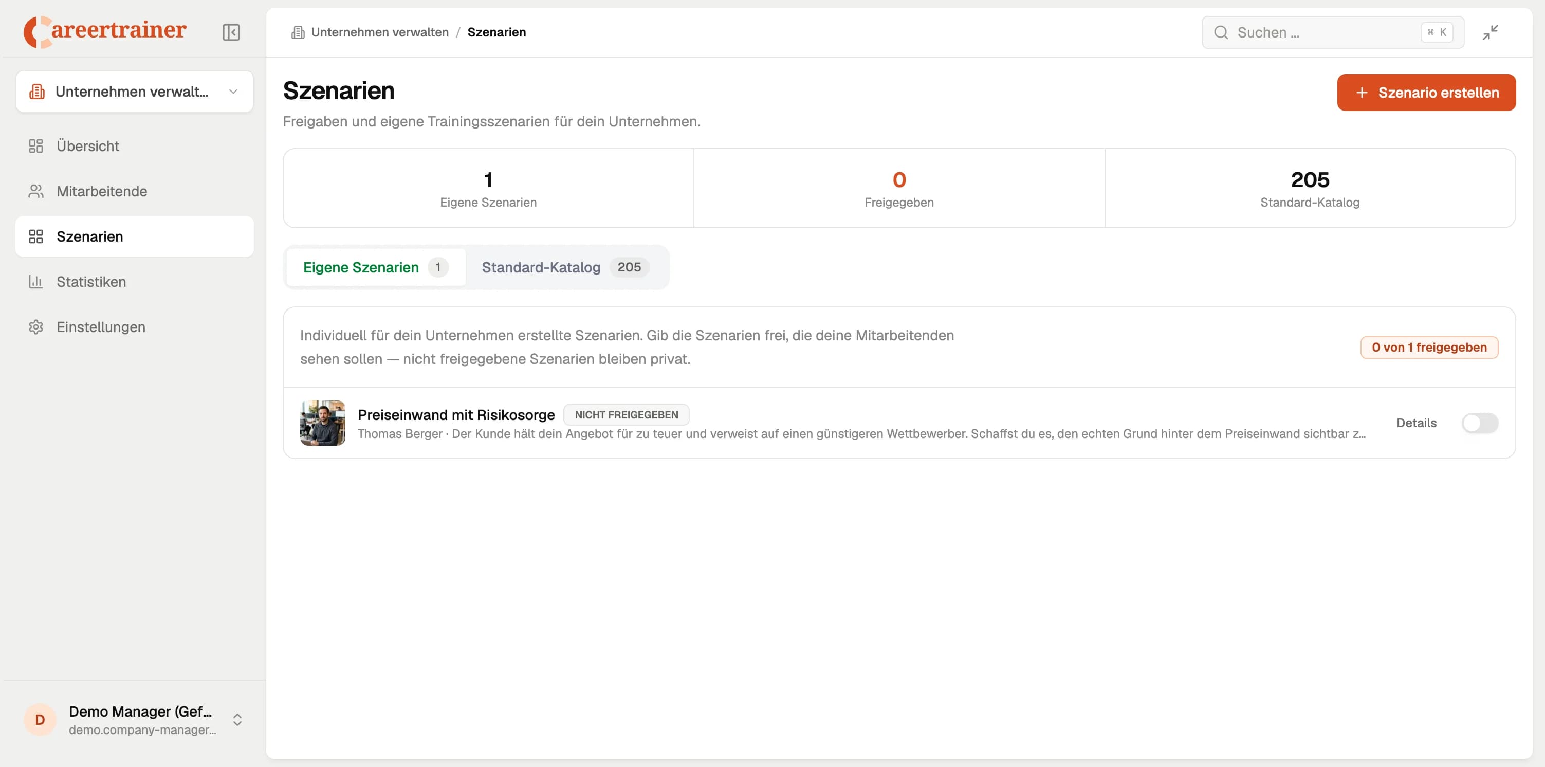 Scenario management dashboard with custom and standard training scenarios and release controls