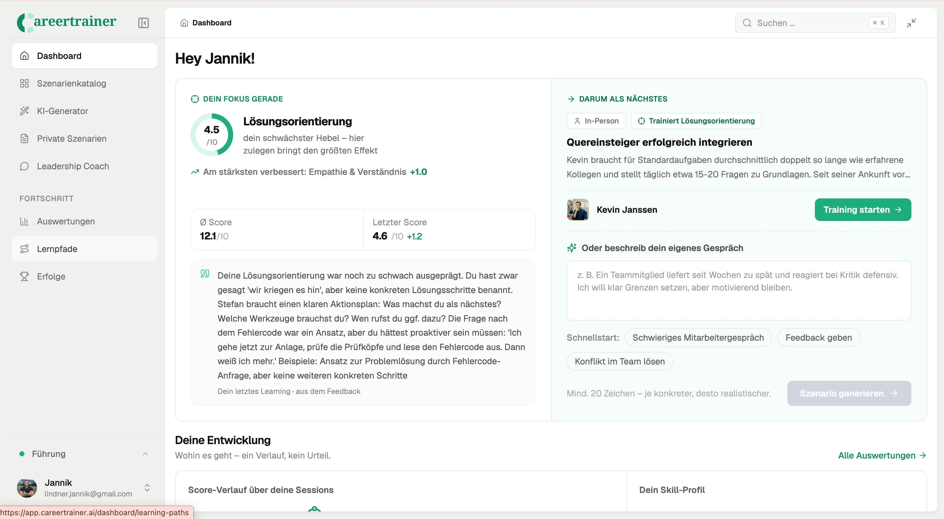 Dashboard mit Fokus-Score, Feedback-Auswertung und Trainingsvorschlag für Leadership-Gesprächstraining