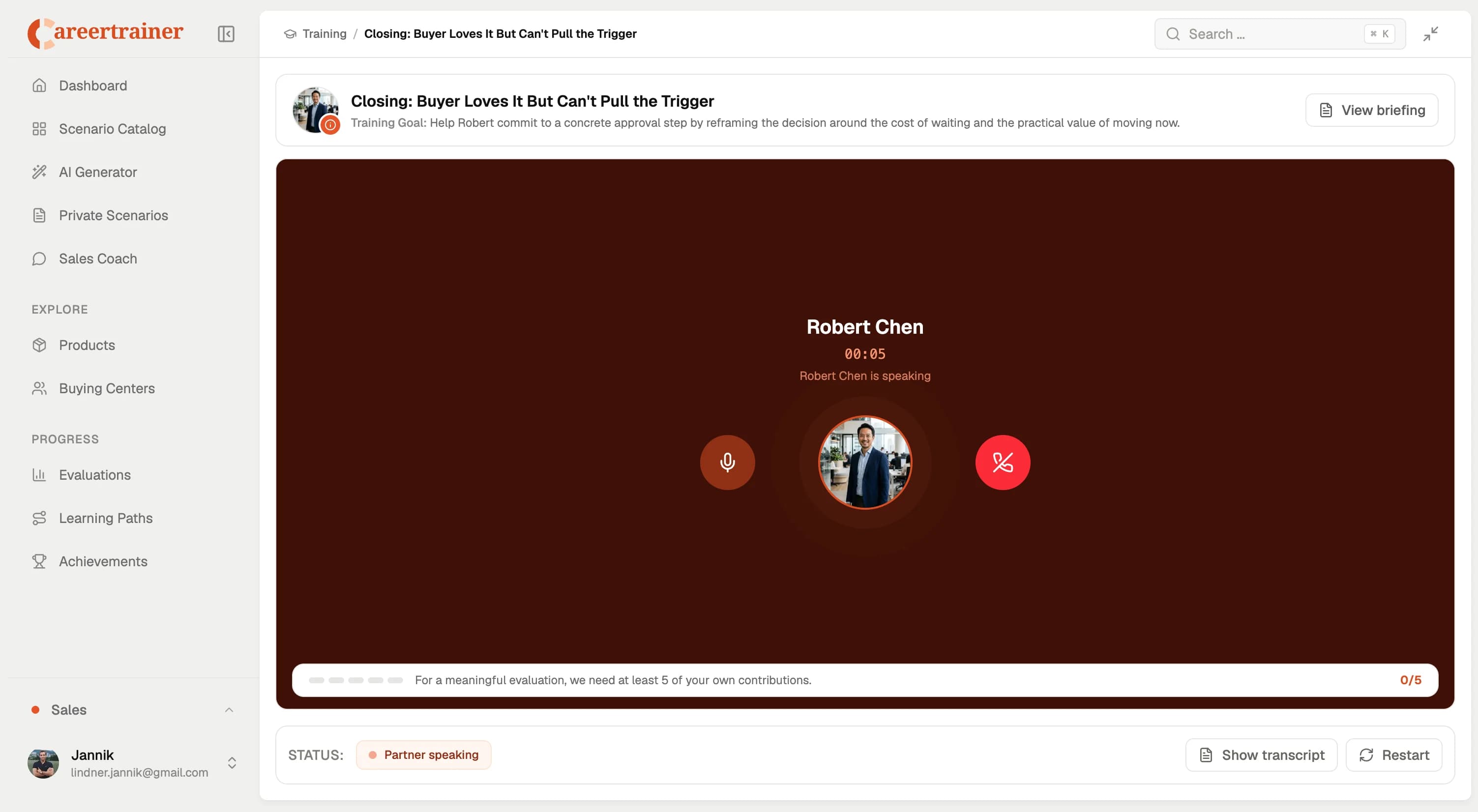 Sales training conversation screen with AI roleplay partner speaking and transcript option