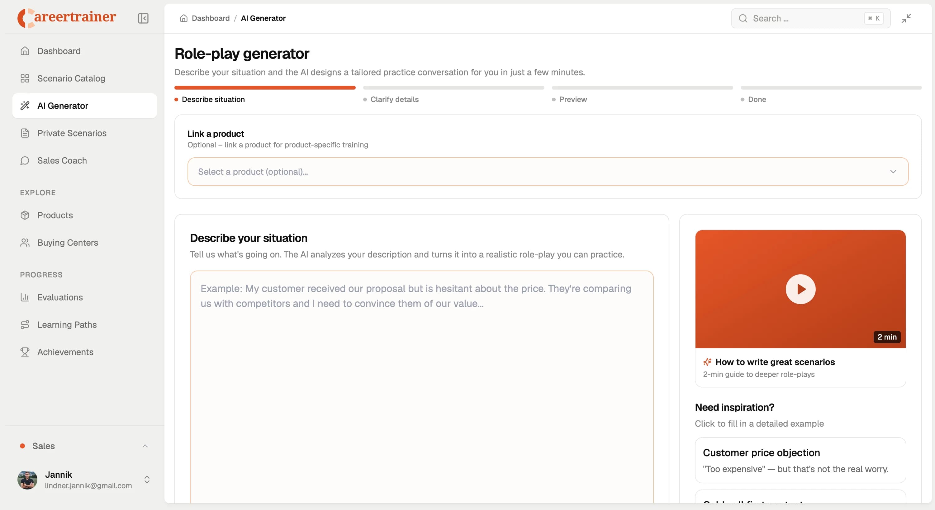 AI roleplay generator interface for creating a custom sales training scenario from a written situation