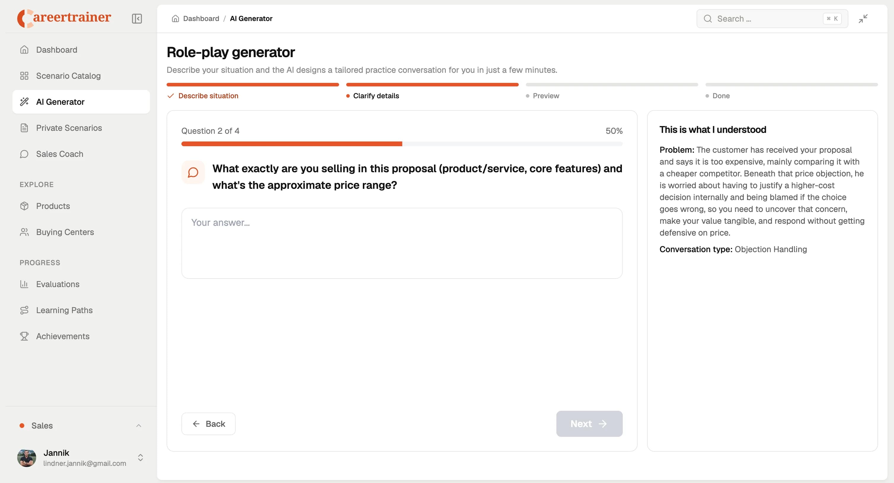 AI roleplay generator form for creating a custom sales negotiation training scenario