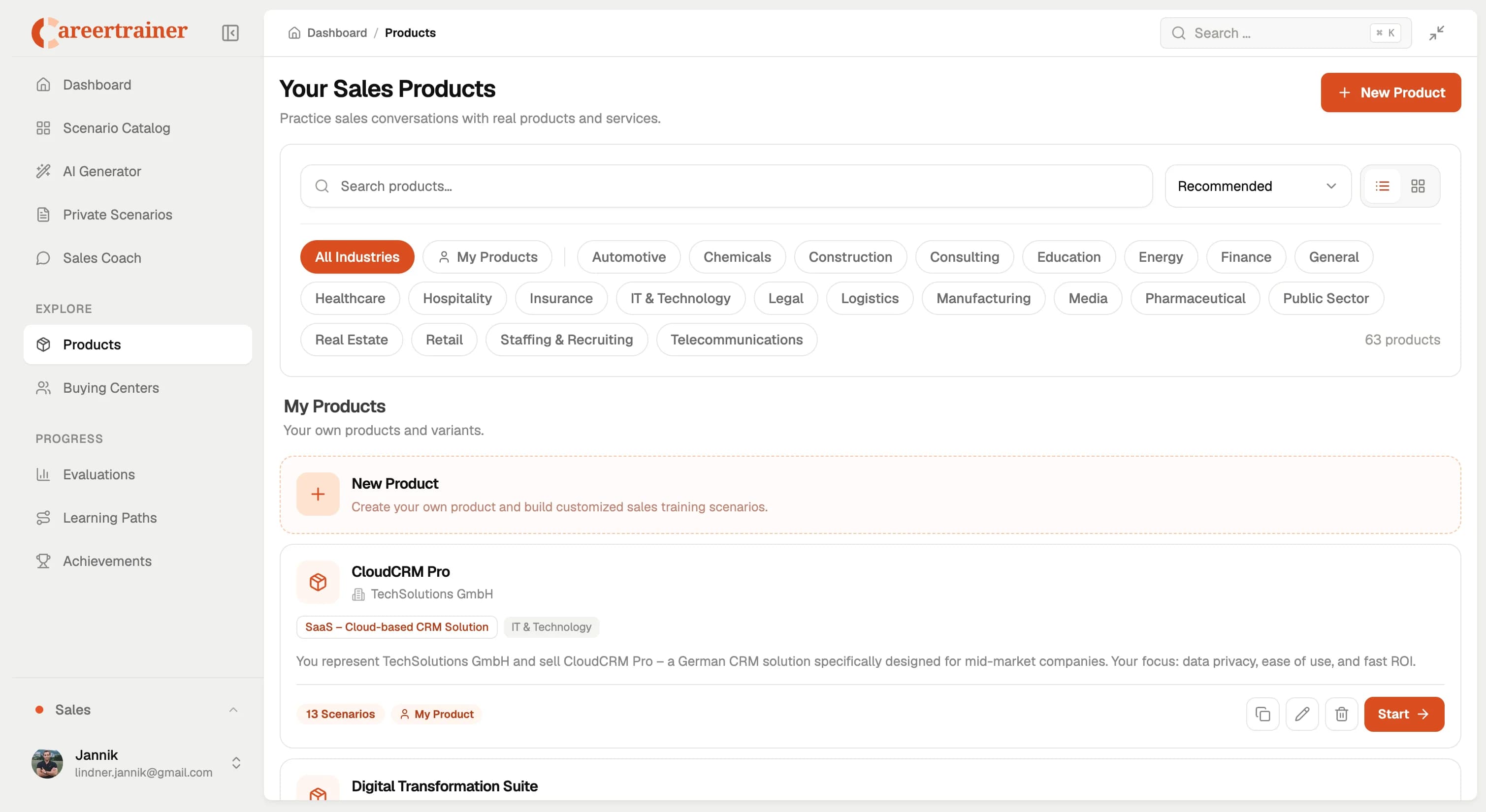 Sales training product library with product cards, industry filters and start training button